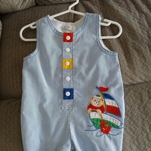 Vintage Blue and White Striped Baby Romper With Sewn On Bear Boat Design